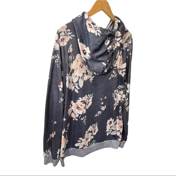 ANGASHION MARLED GRAY AND BLUSH PINK FLORAL LS SOFT STRETCHY HOODIE TOP - Picture 9 of 13